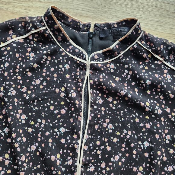 AllSaints Kay Floral Motif Sheer Chiffon Mini Dress Long Sleeve Black Pink - Picture 9 of 11